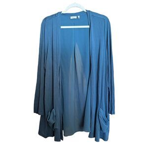 LOGO by Lori Goldstein Cardigan Womens 1X Blue Mixed Media Pockets Open Sweater